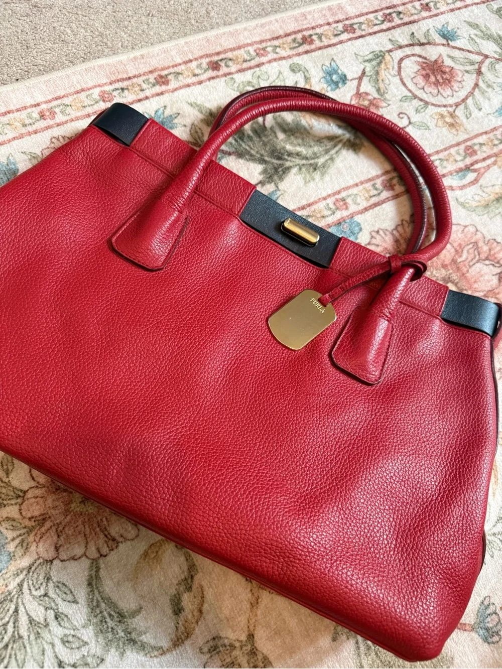 Furla Red Leather Tote with Gold Accent